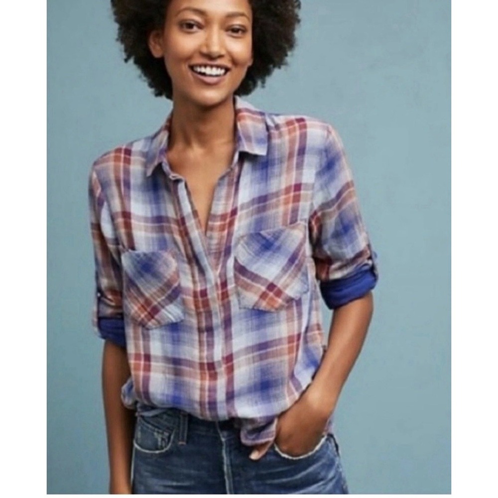 Cloth & Stone Blue Plaid Shirt Split Back S Roll Tab Sleeve Fall Hipster Cabin